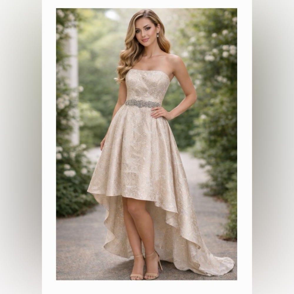 Elegant Strapless empire waist brocade size 8 dress high low hem